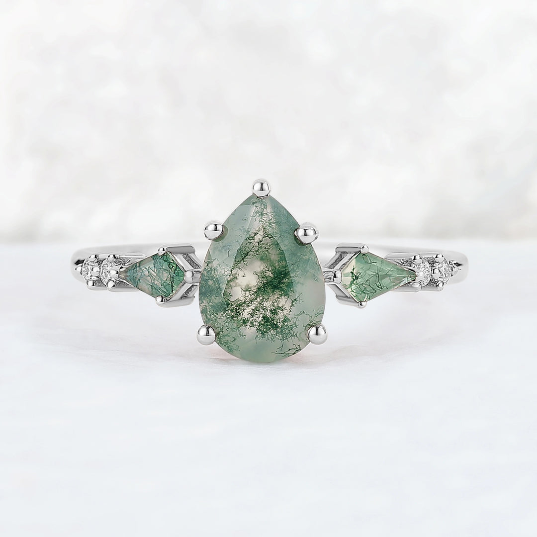 Unique Pear Shaped Moss Agate Cluster Gemstone Ring