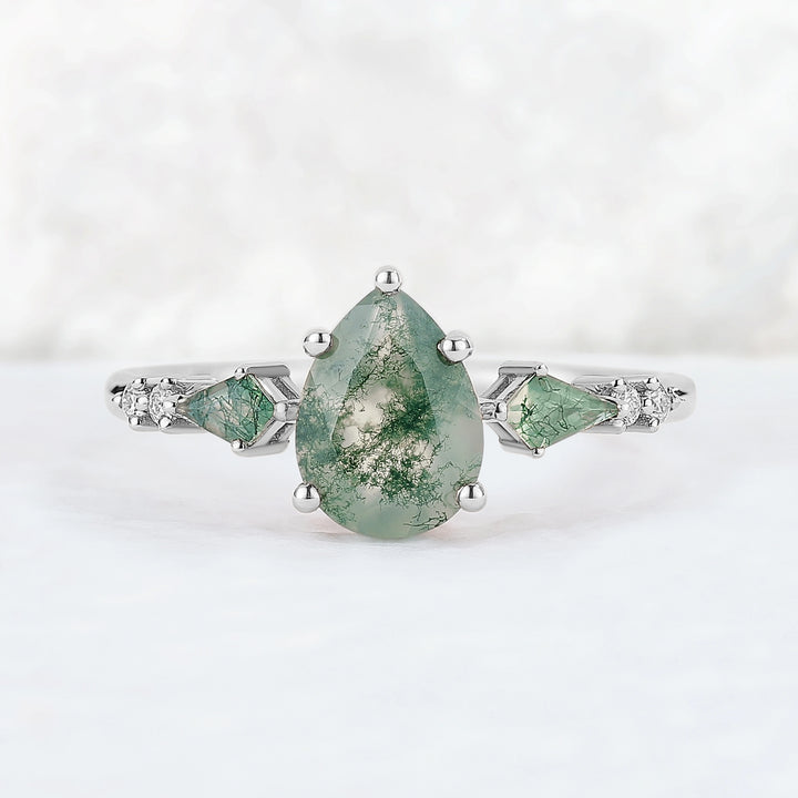 Unique Pear Shaped Moss Agate Cluster Gemstone Ring