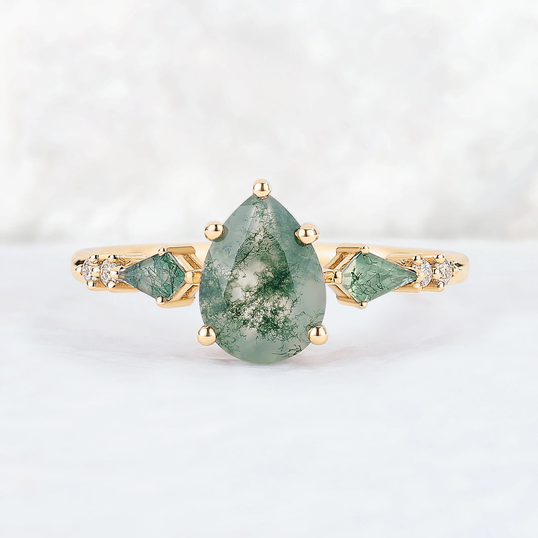 Unique Pear Shaped Moss Agate Cluster Gemstone Ring
