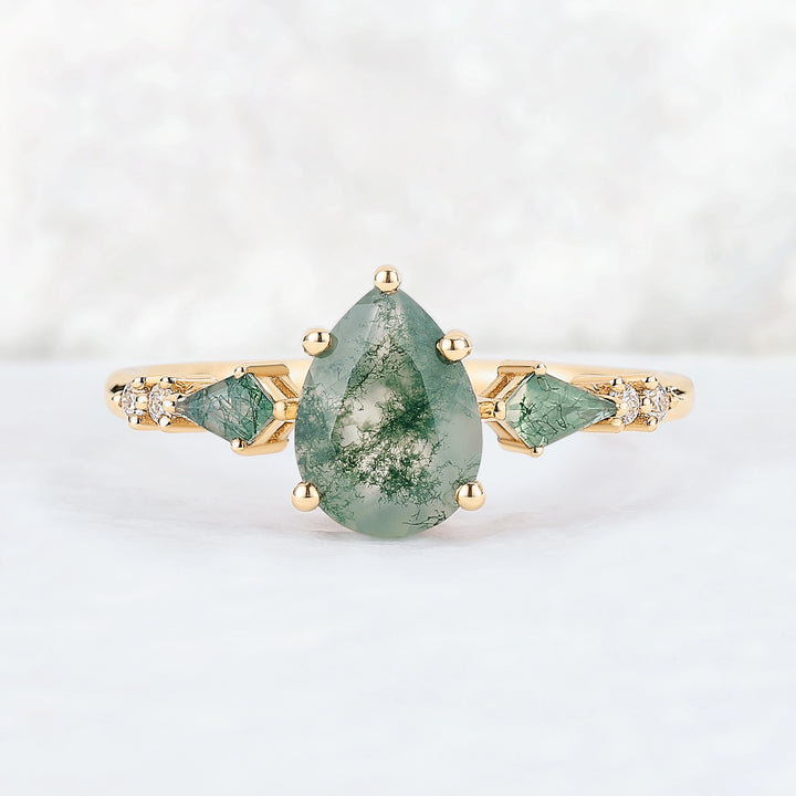 Unique Pear Shaped Moss Agate Cluster Gemstone Ring