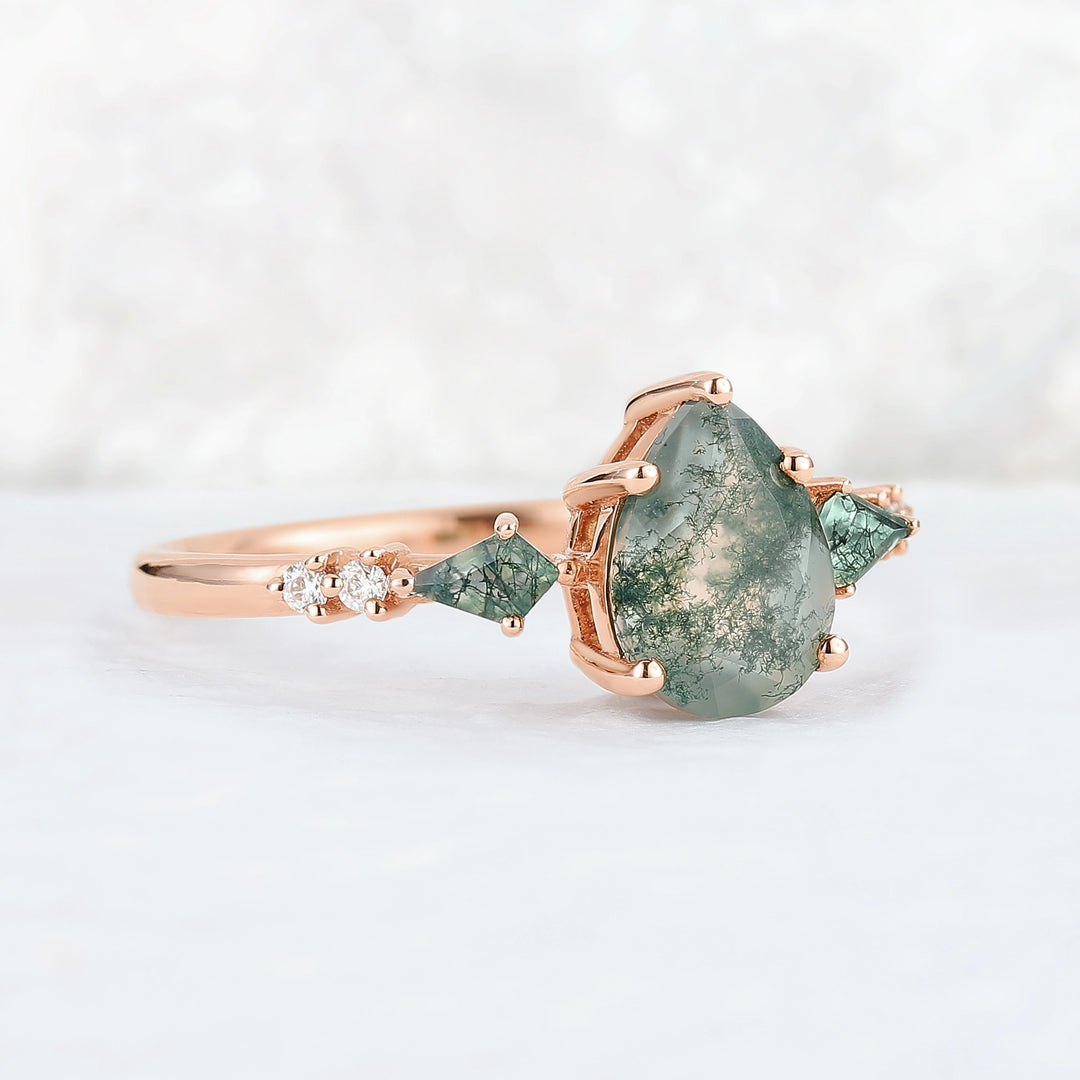 Unique Pear Shaped Moss Agate Cluster Gemstone Ring