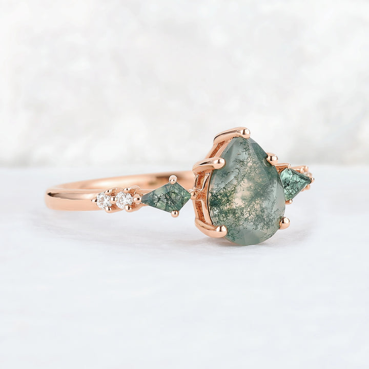 Unique Pear Shaped Moss Agate Cluster Gemstone Ring