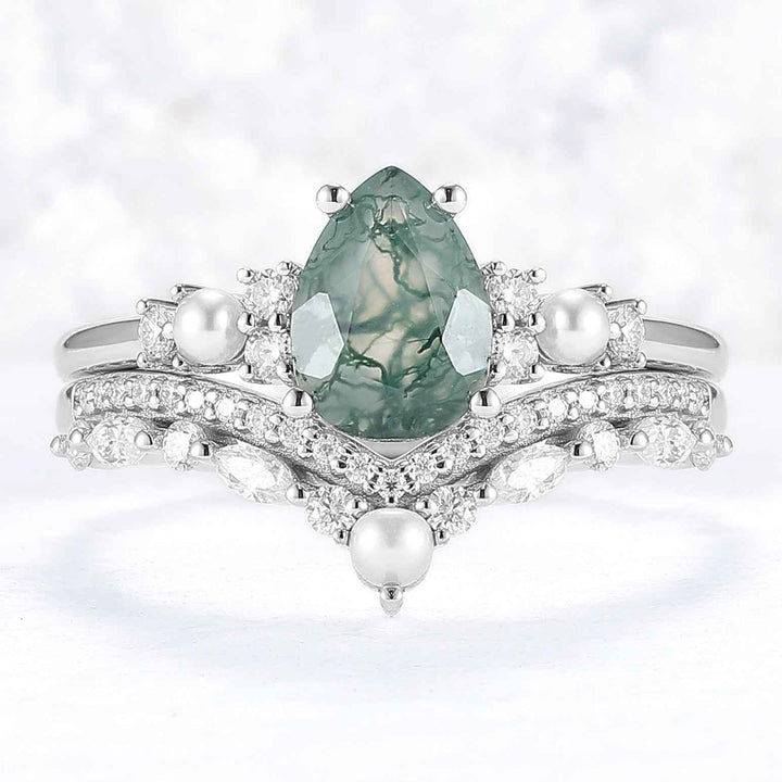 Unique Pear Shaped Moss Agate Cluster Ring Set