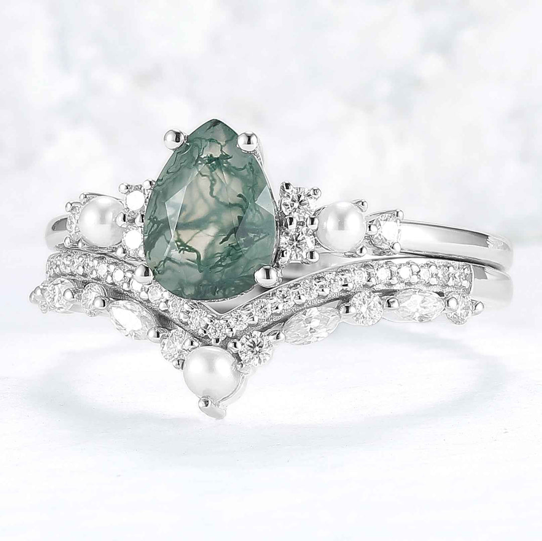 Unique Pear Shaped Moss Agate Cluster Ring Set