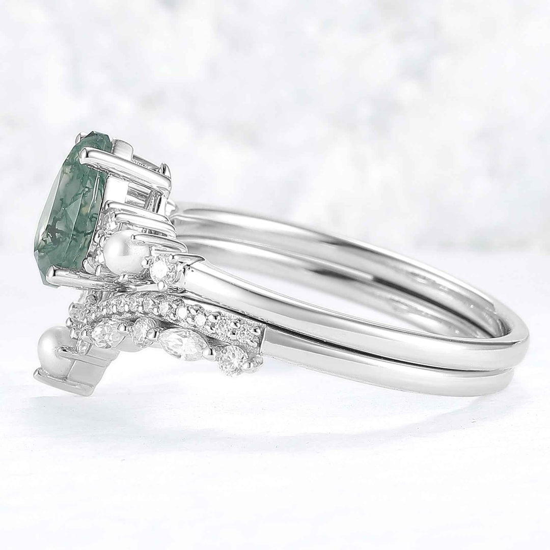 Unique Pear Shaped Moss Agate Cluster Ring Set