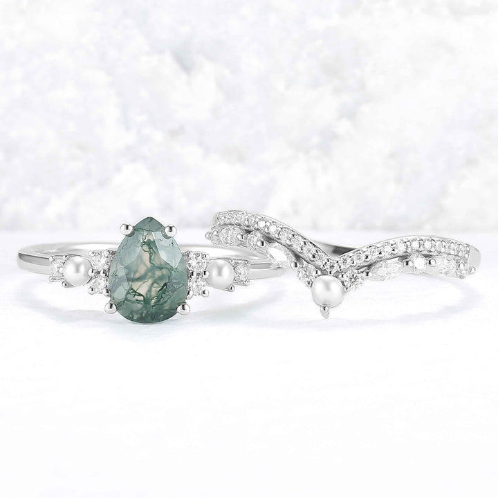 Unique Pear Shaped Moss Agate Cluster Ring Set