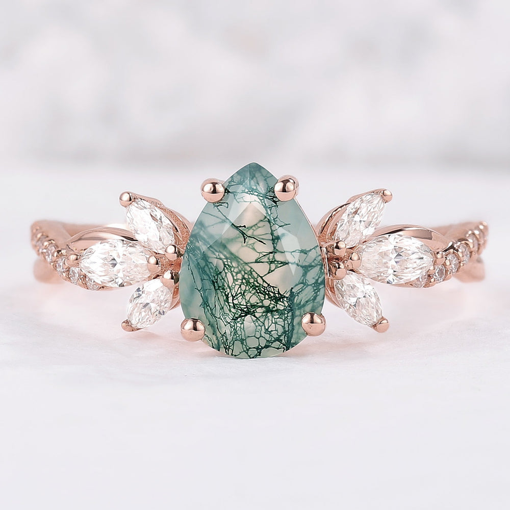 Unique Pear Shaped Moss Agate Vine Art Decor Bridal Ring
