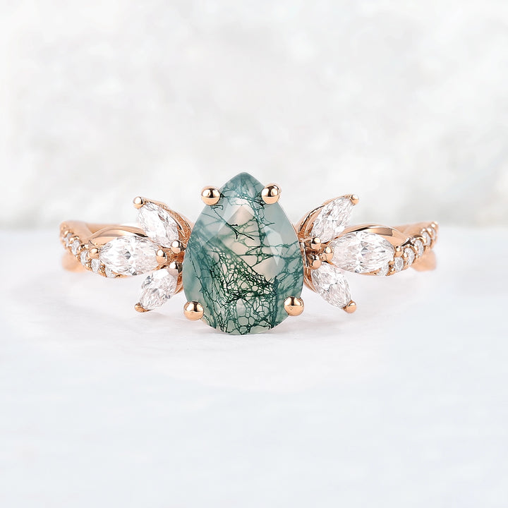Unique Pear Shaped Moss Agate Vine Art Decor Ring