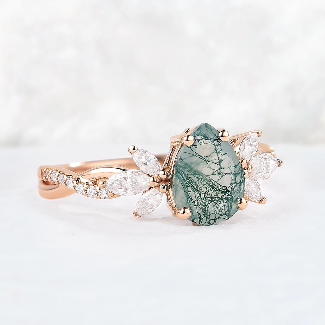 Unique Pear Shaped Moss Agate Vine Art Decor Ring