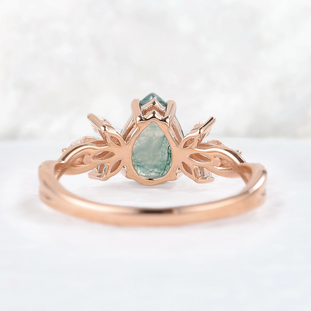 Unique Pear Shaped Moss Agate Vine Art Decor Ring