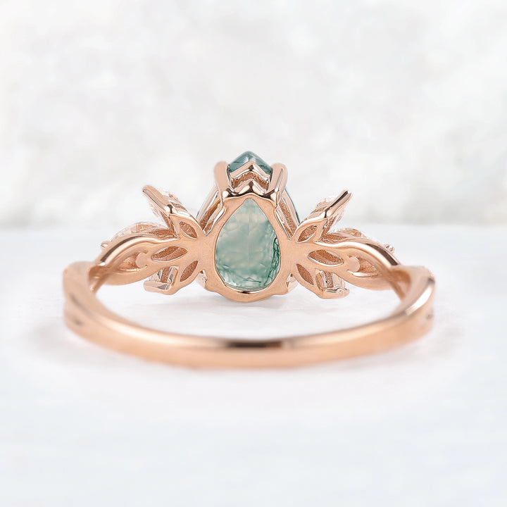 Unique Pear Shaped Moss Agate Vine Art Decor Ring
