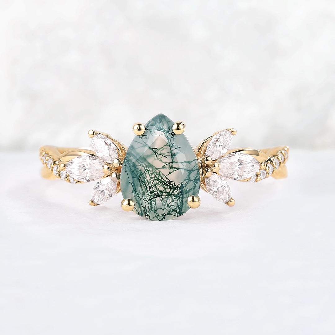 Unique Pear Shaped Moss Agate Vine Art Decor Ring