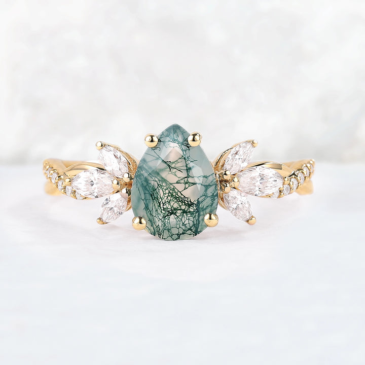 Unique Pear Shaped Moss Agate Vine Art Decor Ring