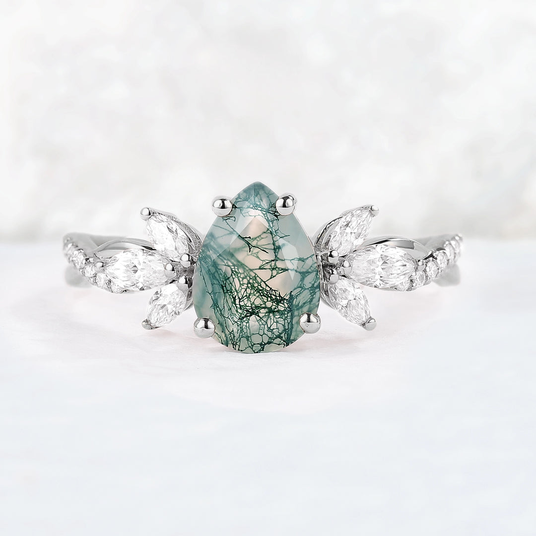 Unique Pear Shaped Moss Agate Vine Art Decor Ring