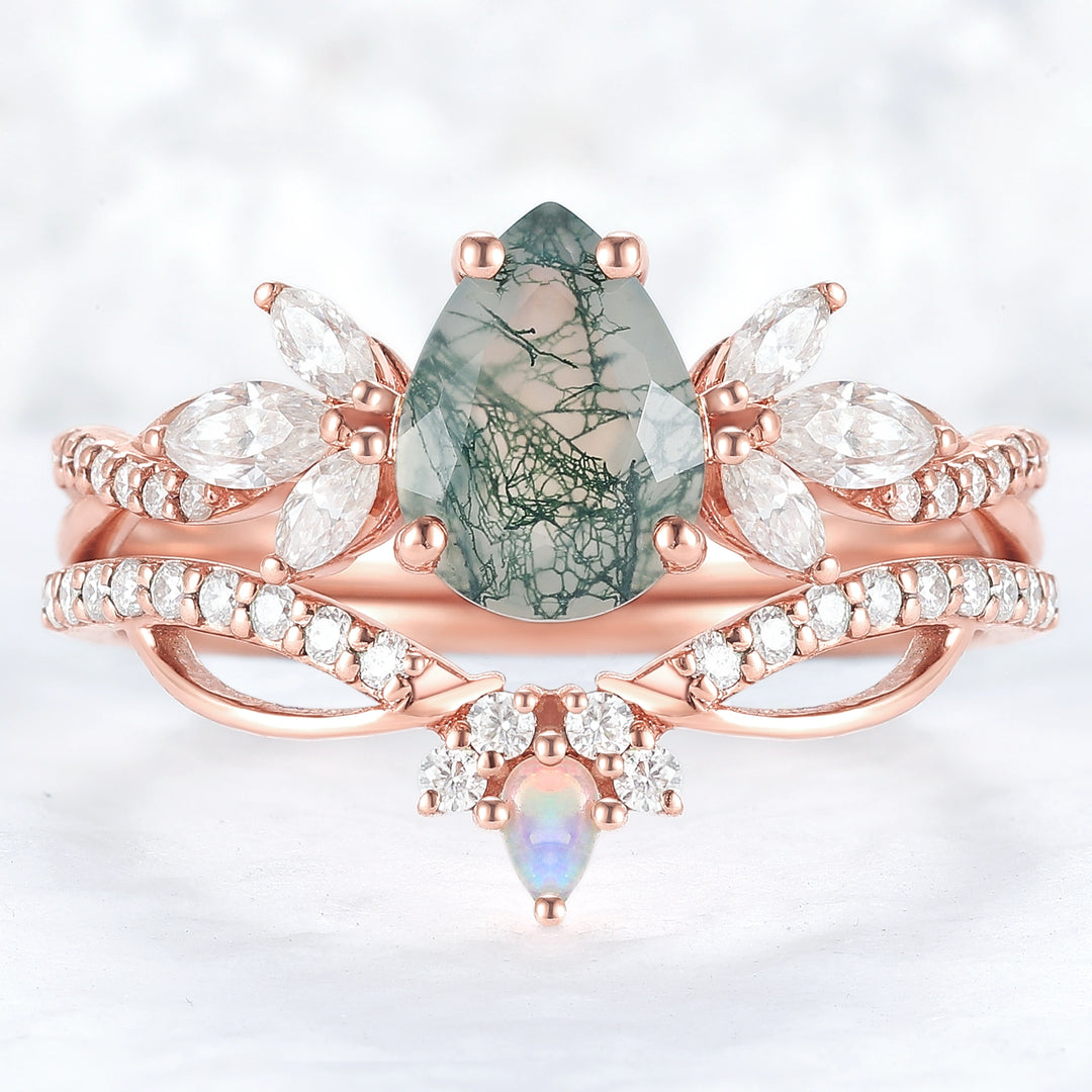 Unique Pear Shaped Moss Agate Vine Art Decor Ring Set - Iver Jewelry