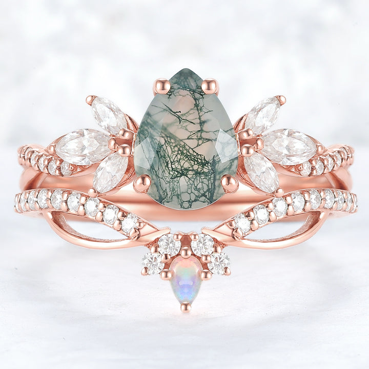 Unique Pear Shaped Moss Agate Vine Art Decor Ring Set - Iver Jewelry