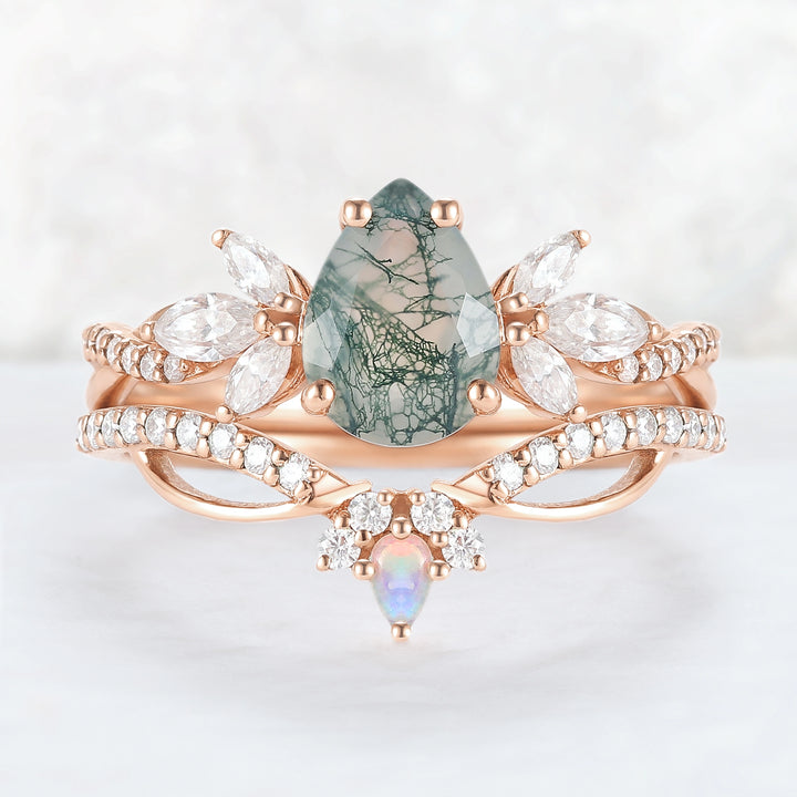 Unique Pear Shaped Moss Agate Vine Art Decor Ring Set