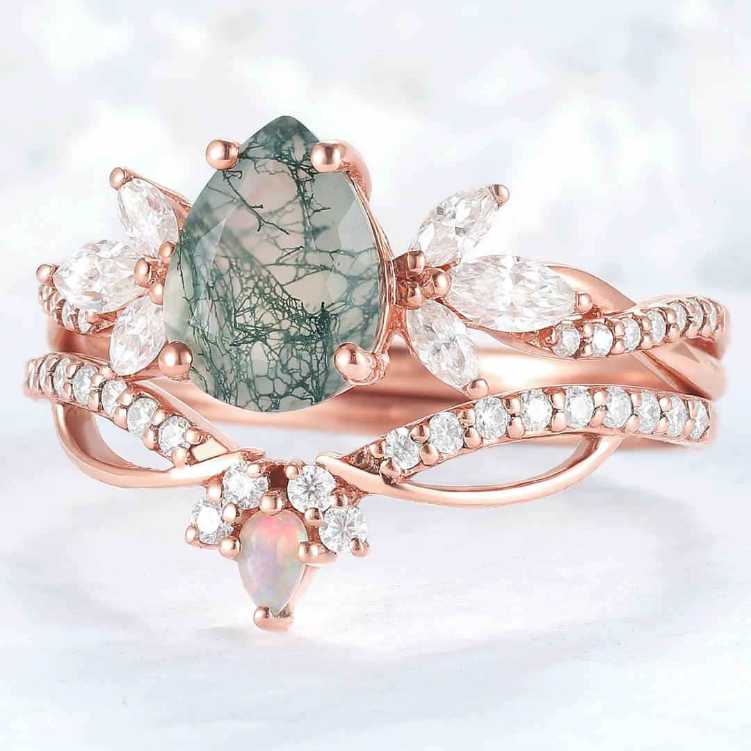 Unique Pear Shaped Moss Agate Vine Art Decor Ring Set - Iver Jewelry