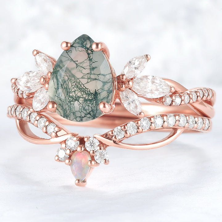 Unique Pear Shaped Moss Agate Vine Art Decor Ring Set - Iver Jewelry