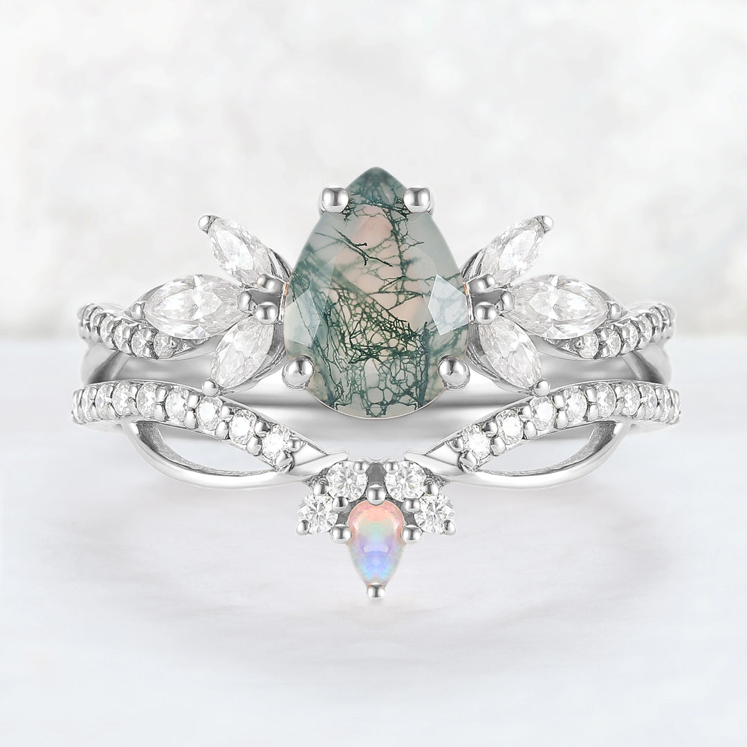 Unique Pear Shaped Moss Agate Vine Art Decor Ring Set