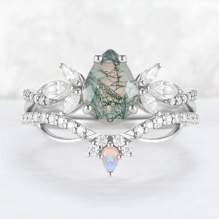 Unique Pear Shaped Moss Agate Vine Art Decor Ring Set