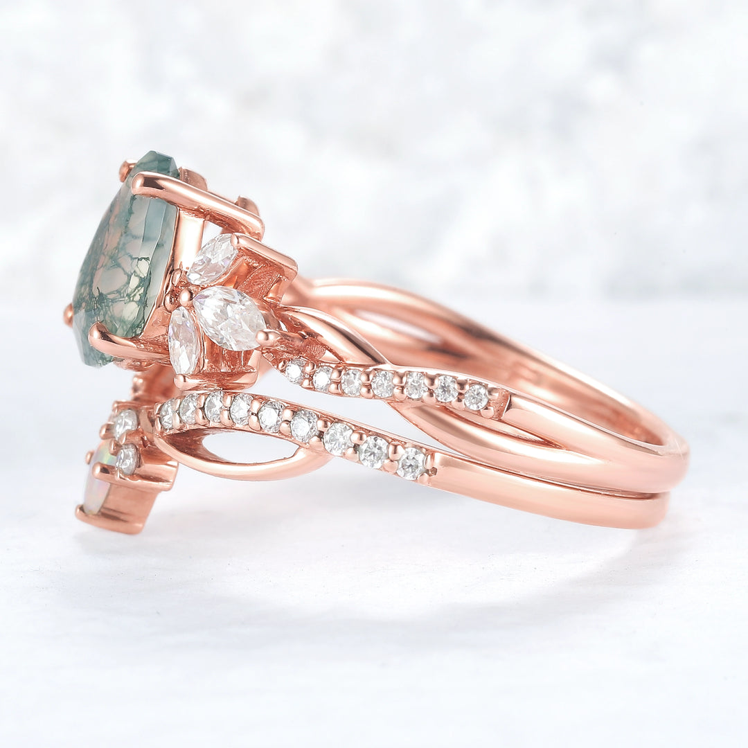 Unique Pear Shaped Moss Agate Vine Art Decor Ring Set - Iver Jewelry