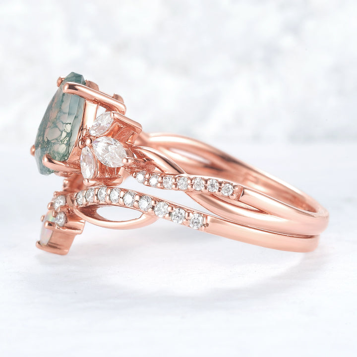 Unique Pear Shaped Moss Agate Vine Art Decor Ring Set - Iver Jewelry