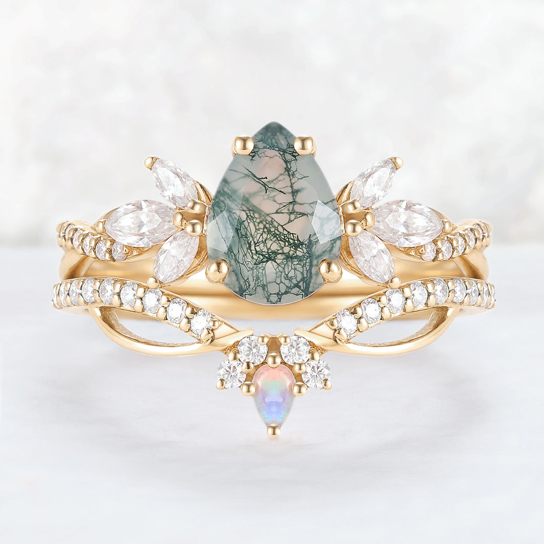 Unique Pear Shaped Moss Agate Vine Art Decor Ring Set