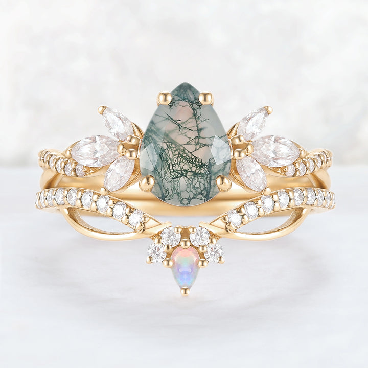 Unique Pear Shaped Moss Agate Vine Art Decor Ring Set
