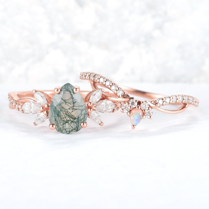 Unique Pear Shaped Moss Agate Vine Art Decor Ring Set - Iver Jewelry