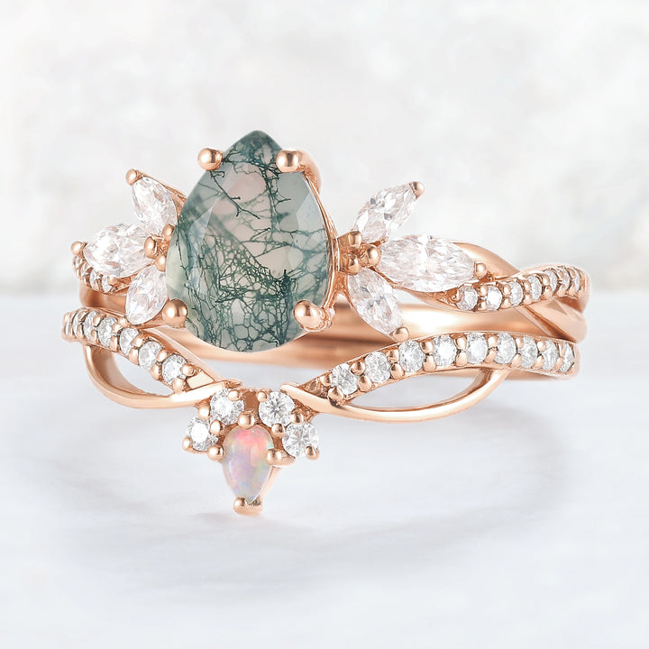 Unique Pear Shaped Moss Agate Vine Art Decor Ring Set