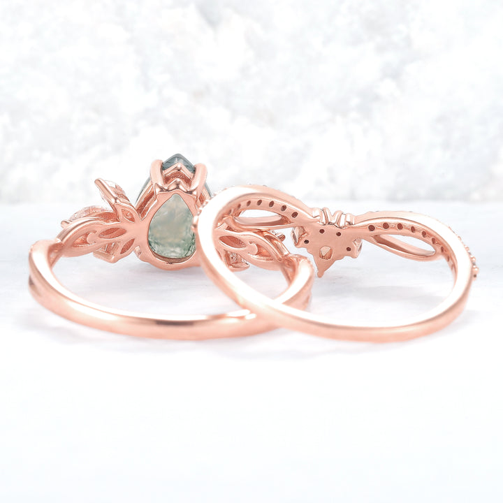 Unique Pear Shaped Moss Agate Vine Art Decor Ring Set - Iver Jewelry