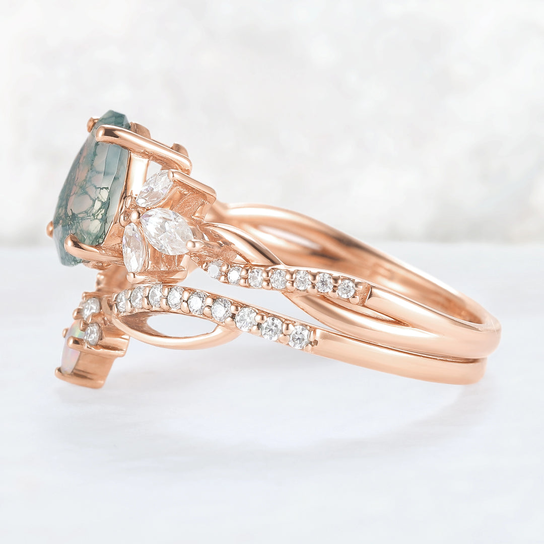 Unique Pear Shaped Moss Agate Vine Art Decor Ring Set
