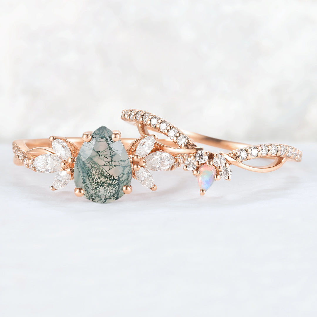 Unique Pear Shaped Moss Agate Vine Art Decor Ring Set