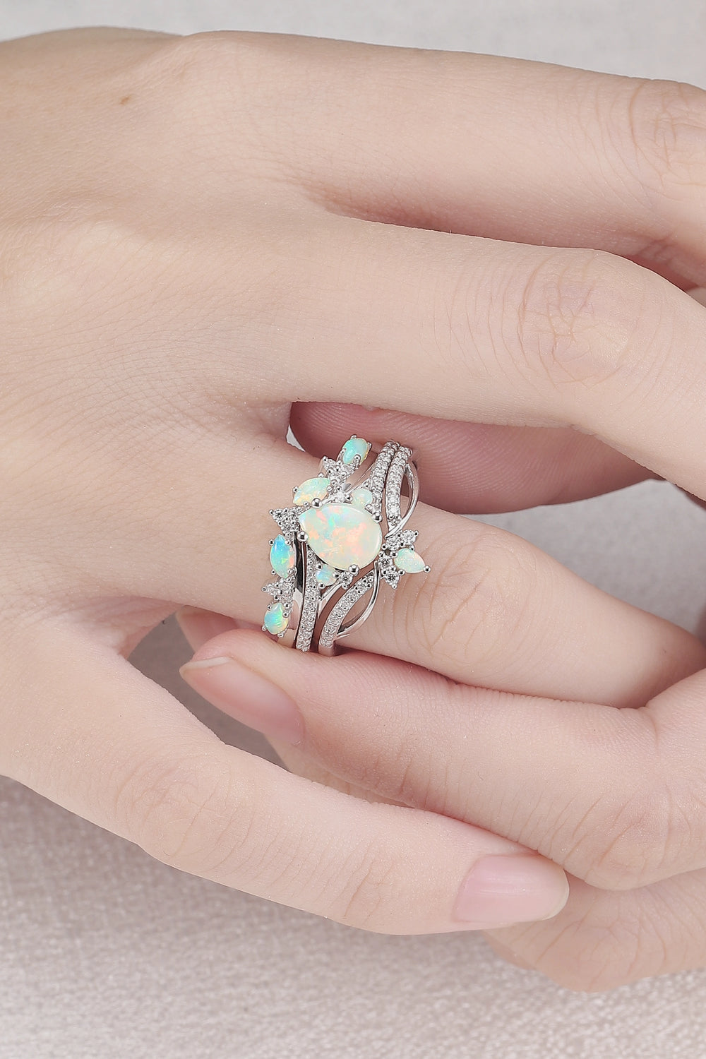 Unique Pear Shaped Natural Opal Vine Silver Ring Set 3pcs - Iver Jewelry