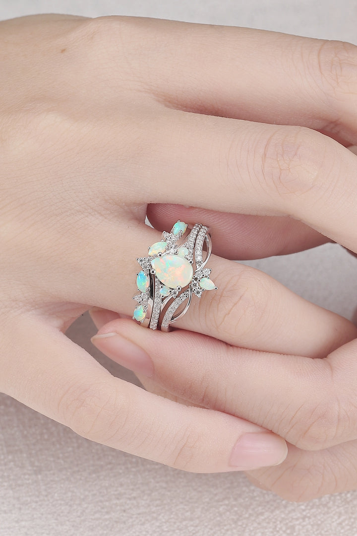 Unique Pear Shaped Natural Opal Vine Silver Ring Set 3pcs - Iver Jewelry
