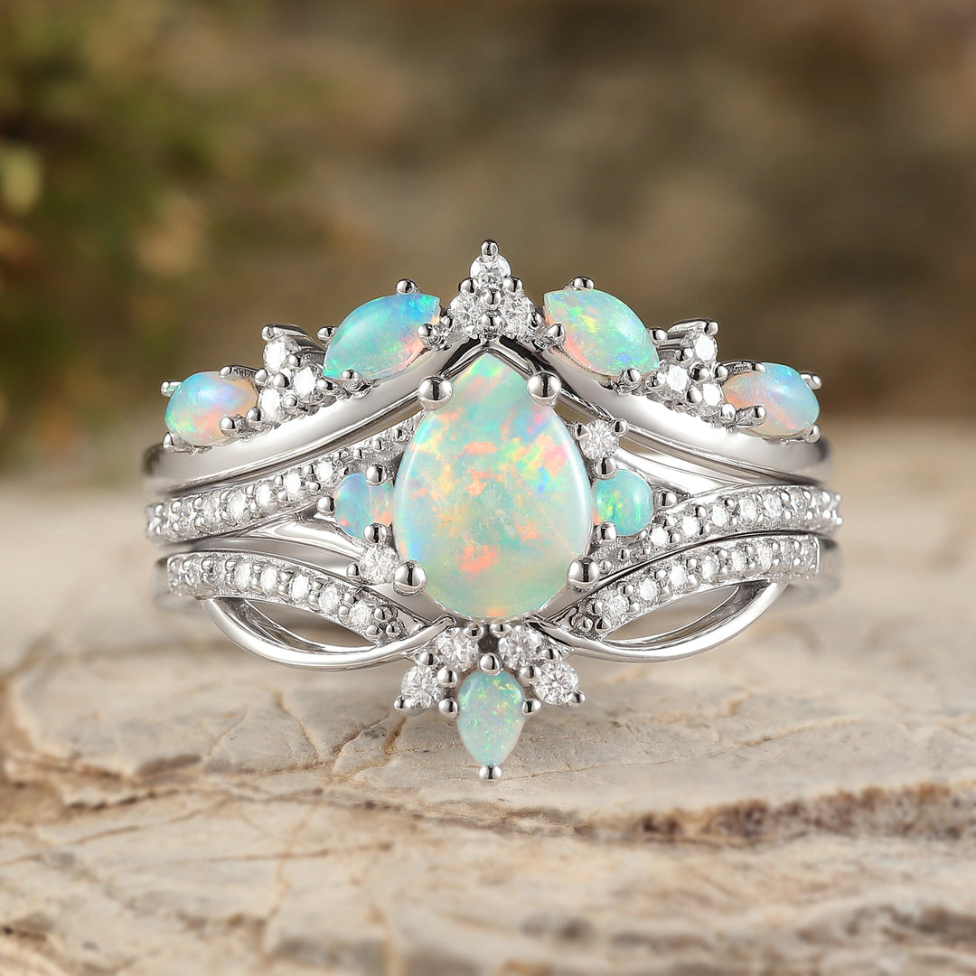 Unique Pear Shaped Natural Opal Vine Silver Ring Set 3pcs - Iver Jewelry