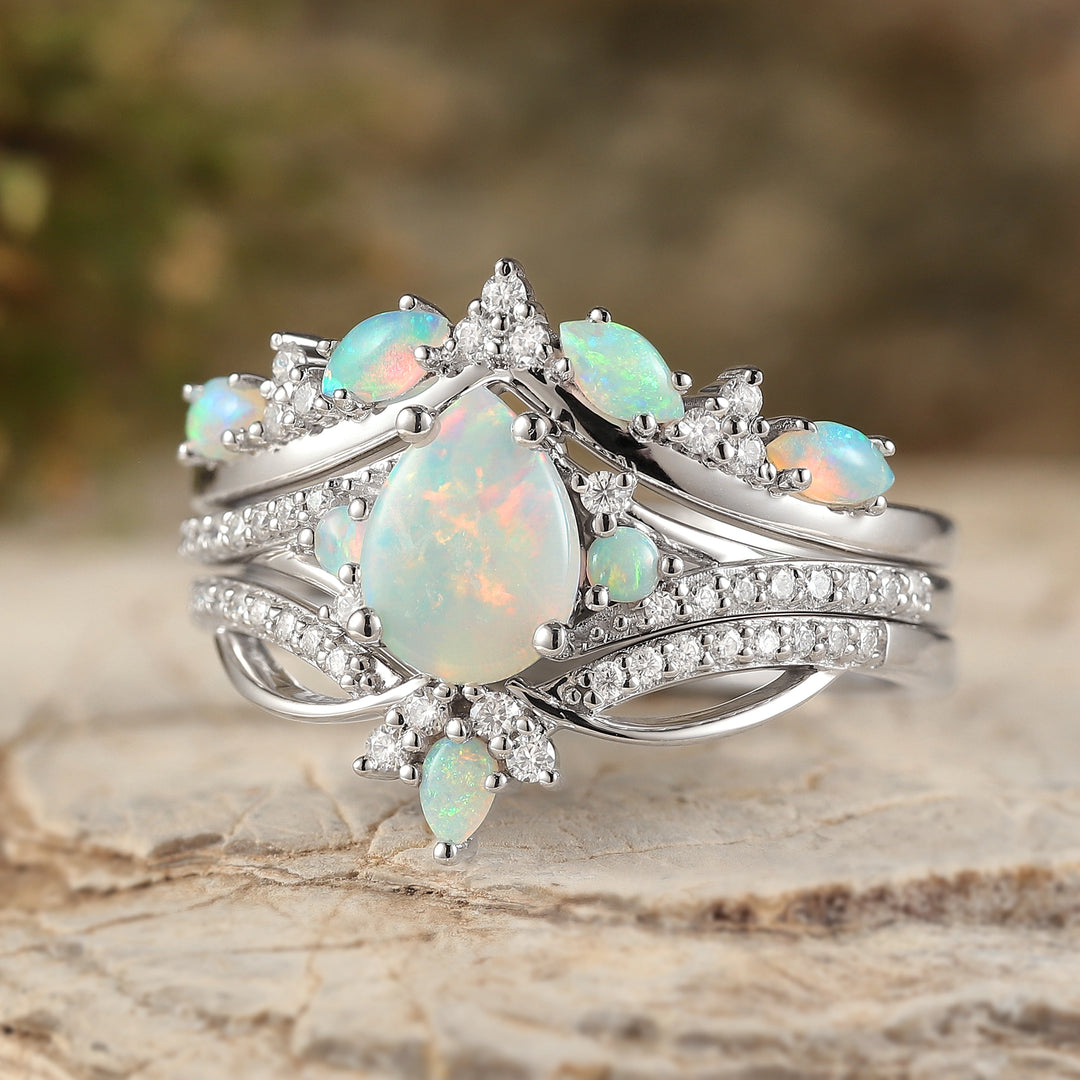 Unique Pear Shaped Natural Opal Vine Silver Ring Set 3pcs - Iver Jewelry