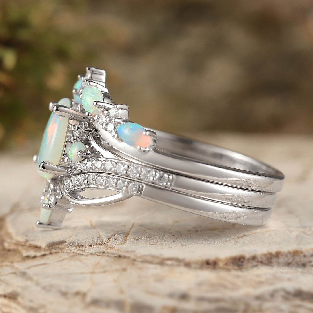 Unique Pear Shaped Natural Opal Vine Silver Ring Set 3pcs - Iver Jewelry