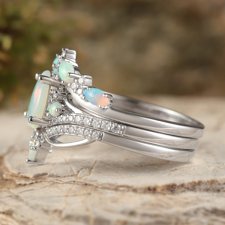 Unique Pear Shaped Natural Opal Vine Silver Ring Set 3pcs - Iver Jewelry
