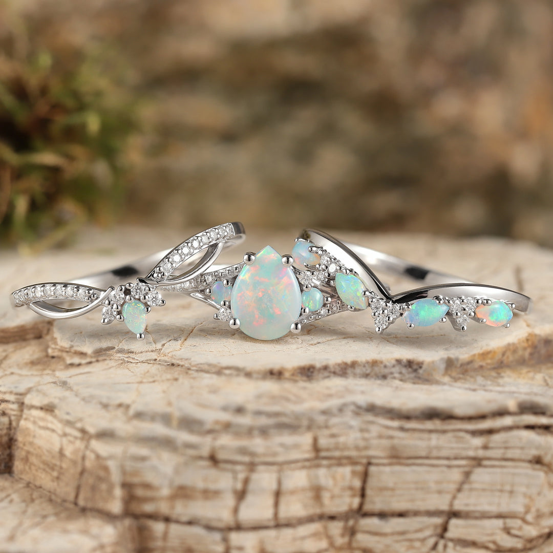 Unique Pear Shaped Natural Opal Vine Silver Ring Set 3pcs - Iver Jewelry