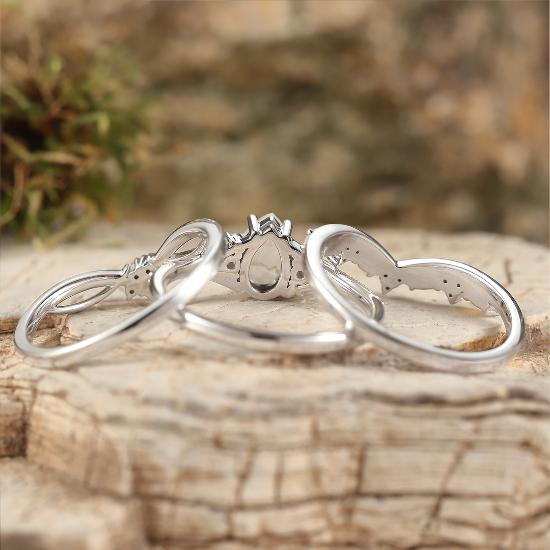 Unique Pear Shaped Natural Opal Vine Silver Ring Set 3pcs - Iver Jewelry