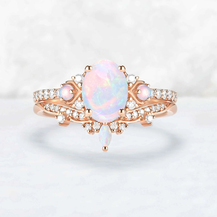 Unique Oval Shaped Natural Opal Vine Ring Set 2pcs