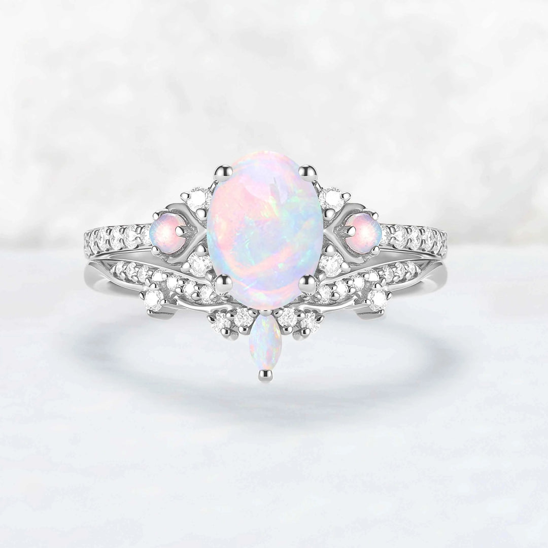 Unique Oval Shaped Natural Opal Vine Ring Set 2pcs