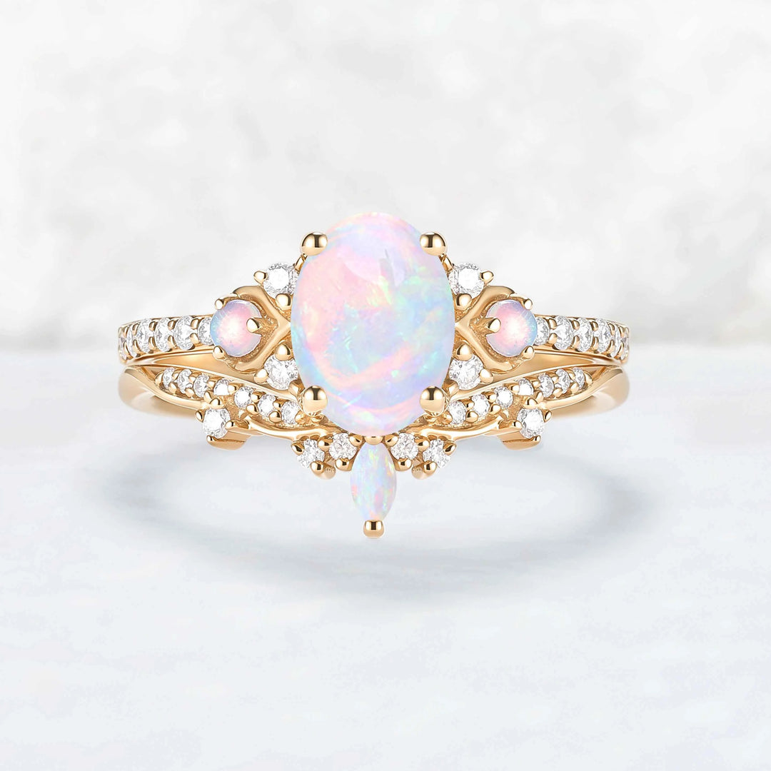 Unique Oval Shaped Natural Opal Vine Ring Set 2pcs