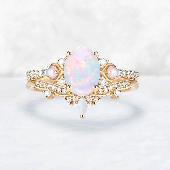 Unique Oval Shaped Natural Opal Vine Ring Set 2pcs