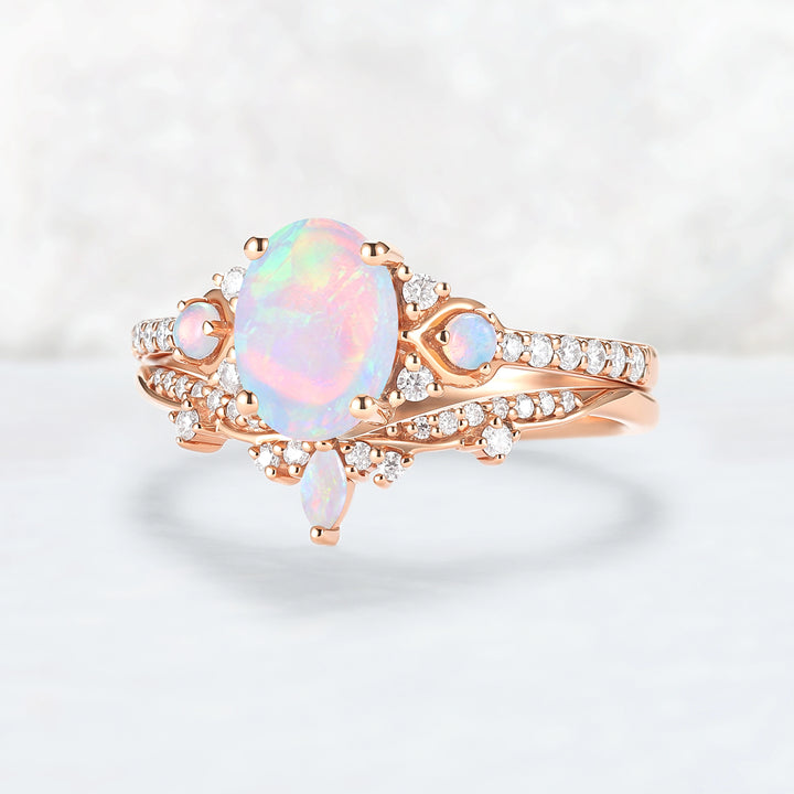 Unique Oval Shaped Natural Opal Vine Ring Set 2pcs