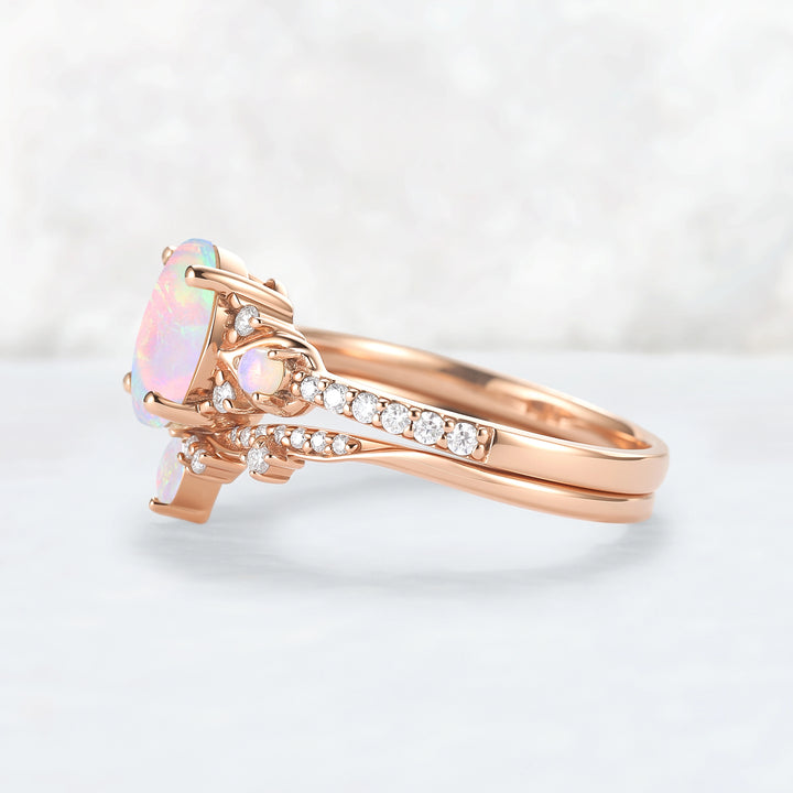Unique Oval Shaped Natural Opal Vine Ring Set 2pcs