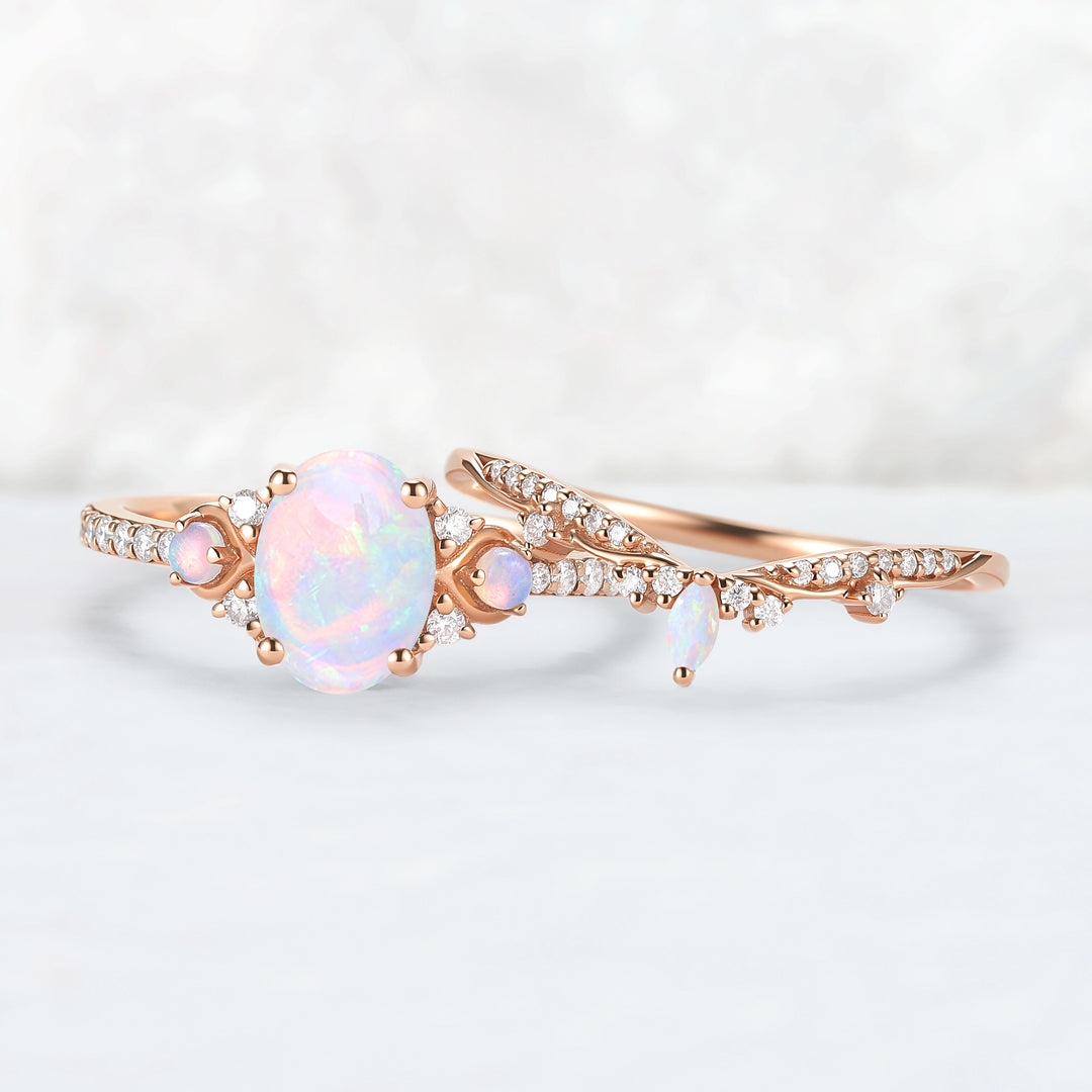 Unique Oval Shaped Natural Opal Vine Ring Set 2pcs