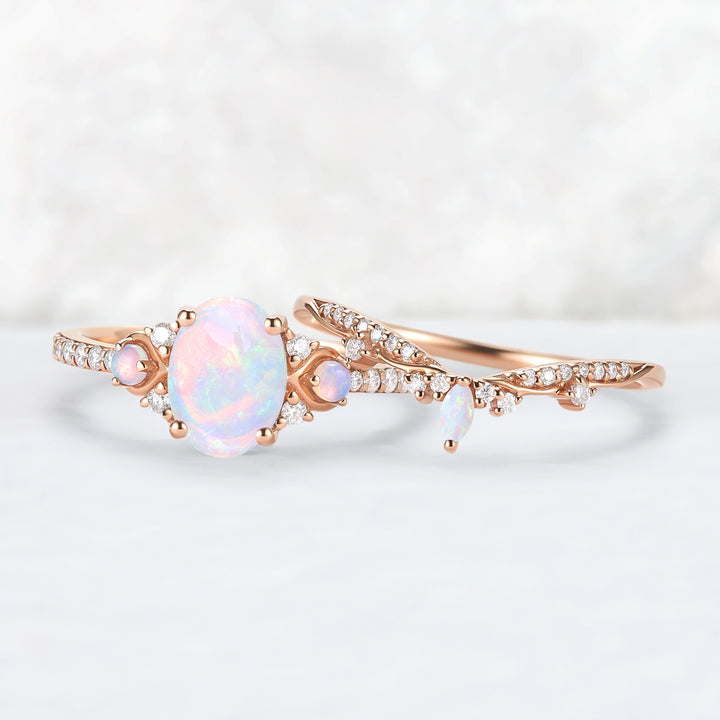 Unique Oval Shaped Natural Opal Vine Ring Set 2pcs